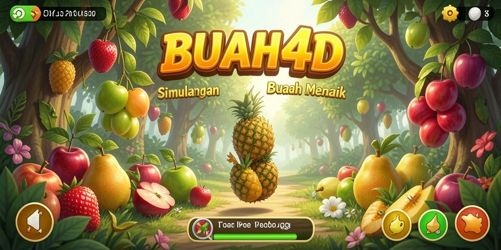 Tangkapan layar utama BUAH4D menampilkan kebun buah yang subur dan berwarna-warni.
