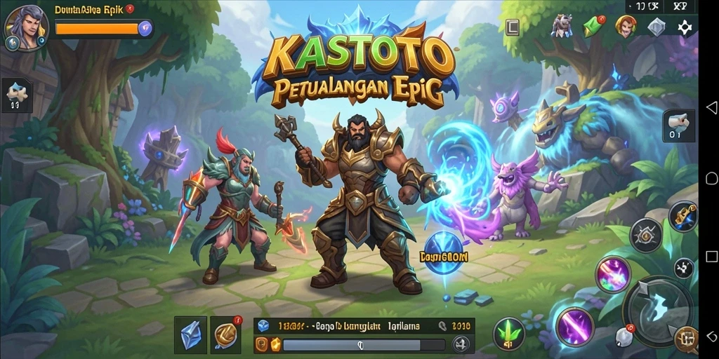 Tangkapan layar gameplay KASTOTO yang menunjukkan pertempuran seru dan karakter yang kuat.