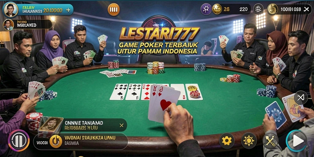 Tampilan gameplay menarik dalam aplikasi LESTARI777 dengan suasana poker yang nyata.