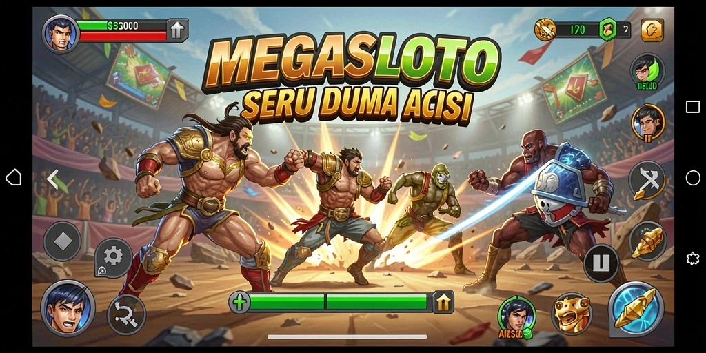 Tangkapan layar utama MEGASLOTO menunjukkan gameplay aksi yang dinamis.